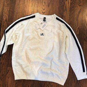 White and Black Crewneck Sweater with Sporty Stripes